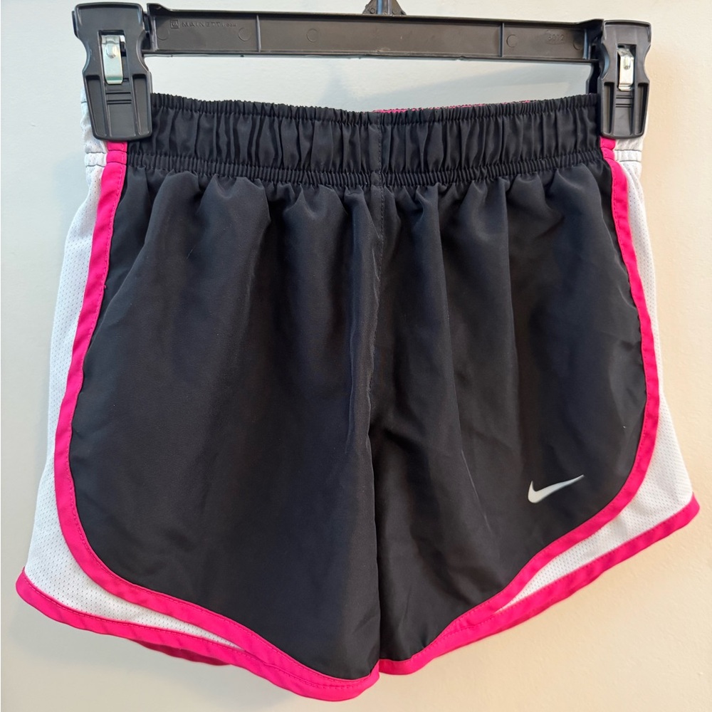 Nike Black and Pink Athletic Shorts with Curved Hem